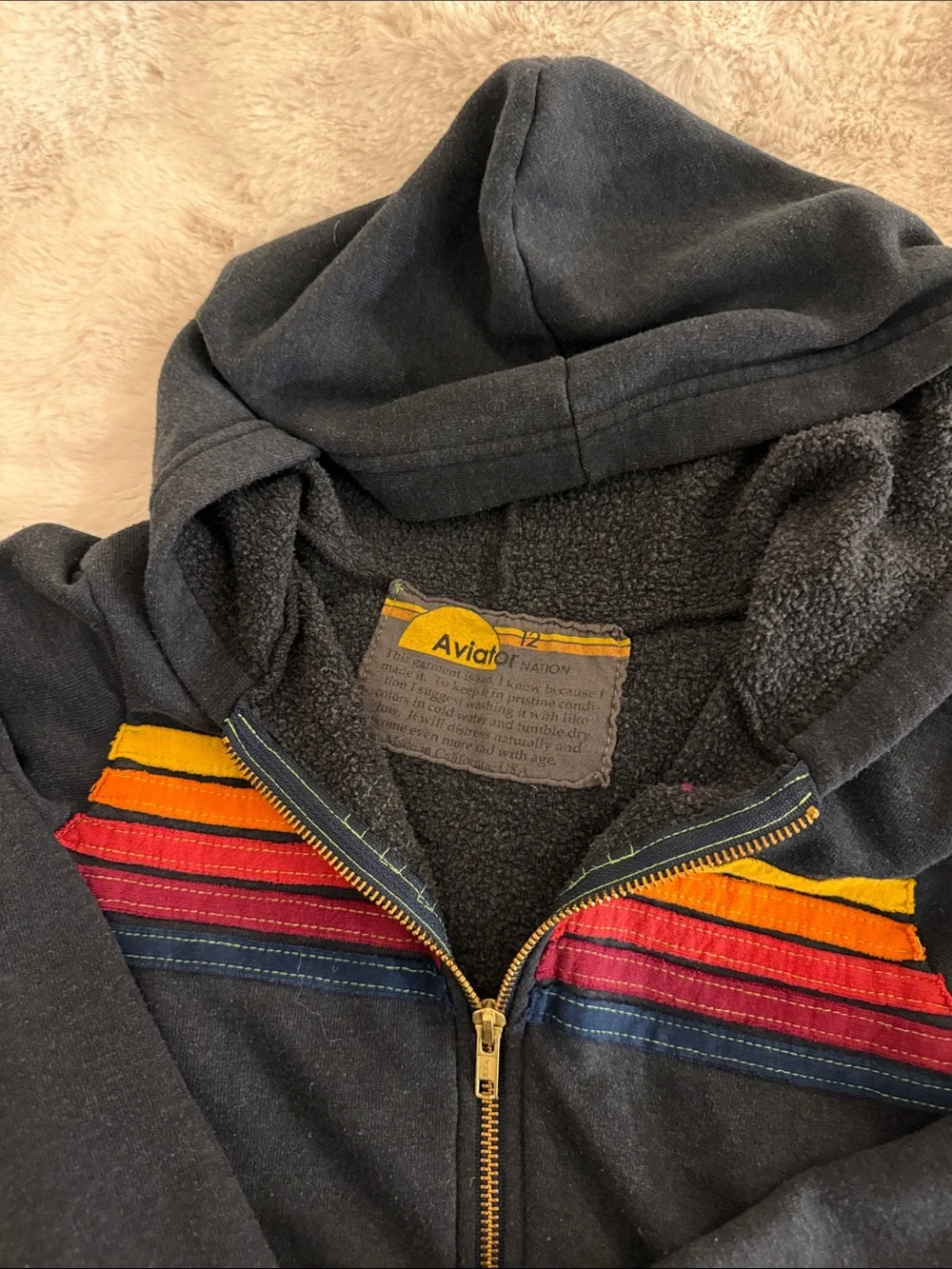Aviator Nation Navy Kids Zip Hoodie with Rainbow Stripe